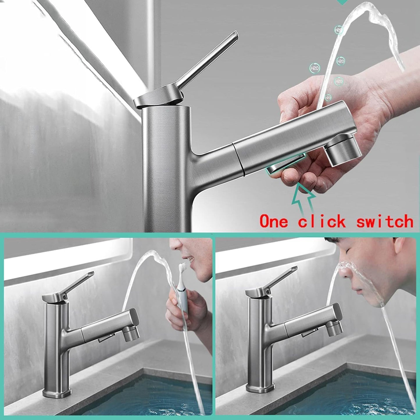 Rubinetto Lavabo Bagno Estraibile Monocomando con Doccetta Pull-Out 60cm 3 Modalità di Getto Sfera Gravità Foro Singolo Ottone Cromato – Driwei 1804