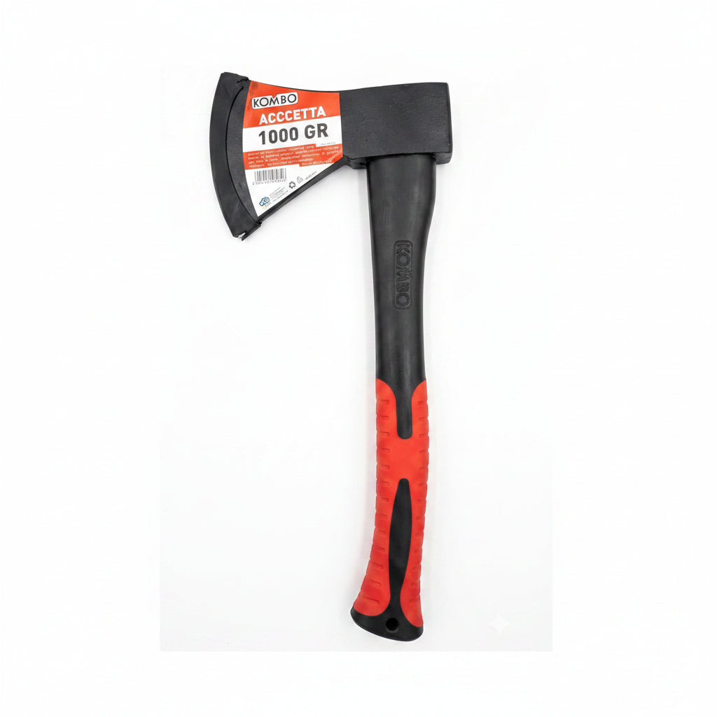 Accetta da 1000g con Testa in Acciaio Forgiato Manico in Fibra di Vetro Antivibrazione e Impugnatura Ergonomica in Gomma Antiscivolo Misure 40x16x2.5cm – KOMBO KO222XL