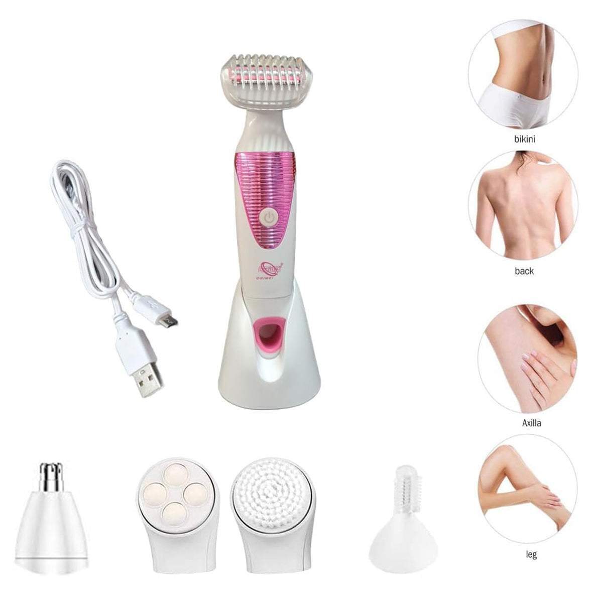 Rasoio Elettrico Donna 5 in 1 Epilatore Depilatore Ricaricabile USB con Base – Driwei MS-6155