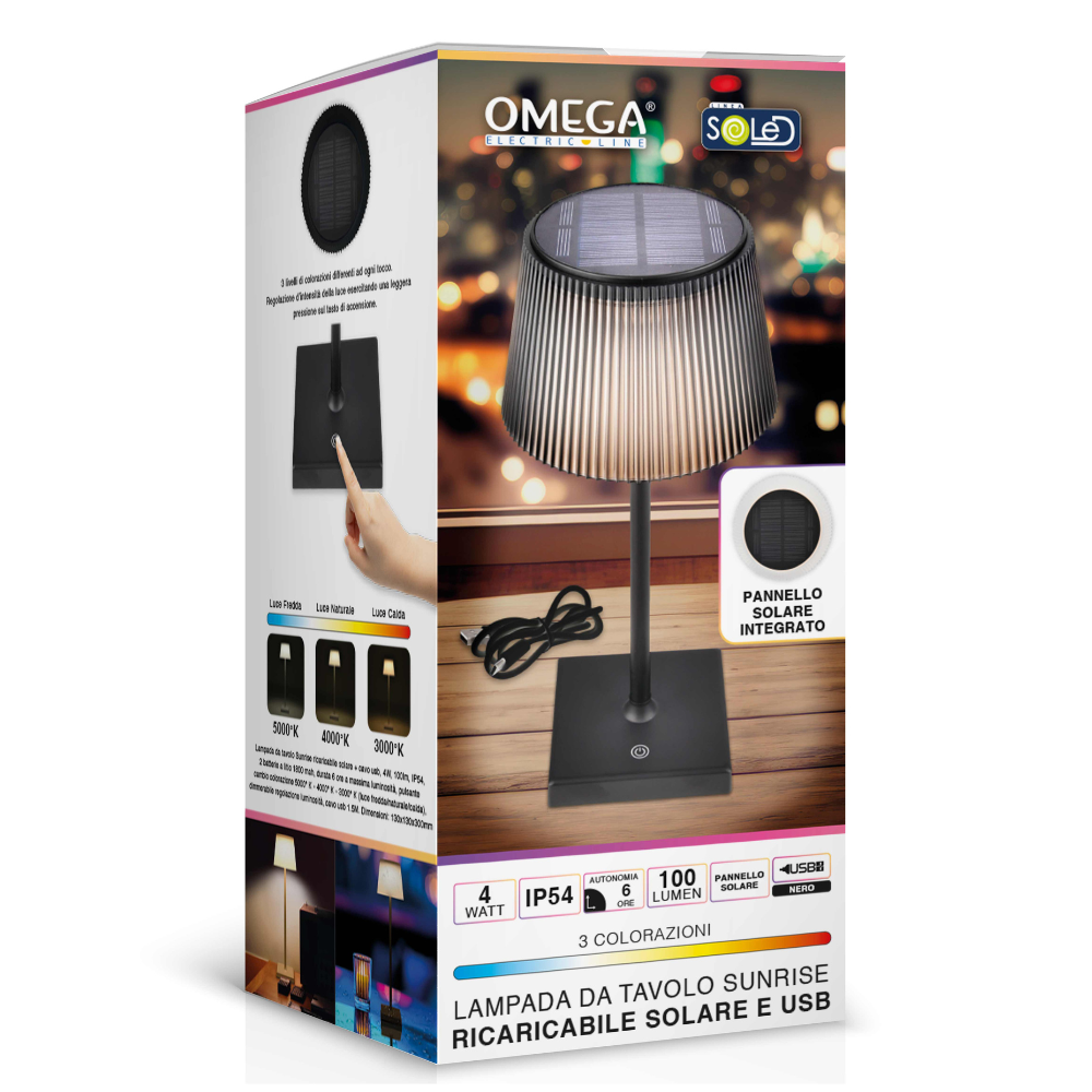 OMEGA Sunrise LD575 – Lampada da Tavolo Solare e USB 4W 100lm Dimmerabile 3 Colori IP54 Nera