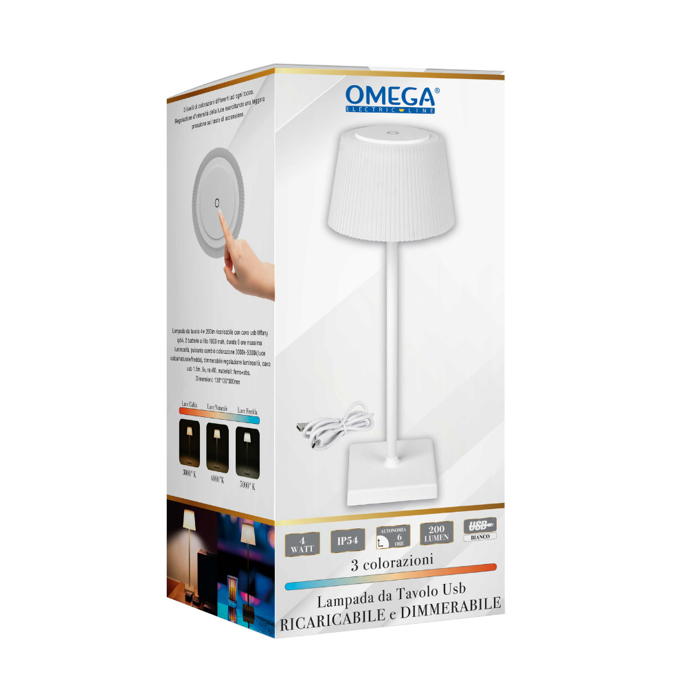 OMEGA LD570 – Lampada da Tavolo Ricaricabile USB 4W 200lm 3000-5000K Dimmerabile IP54