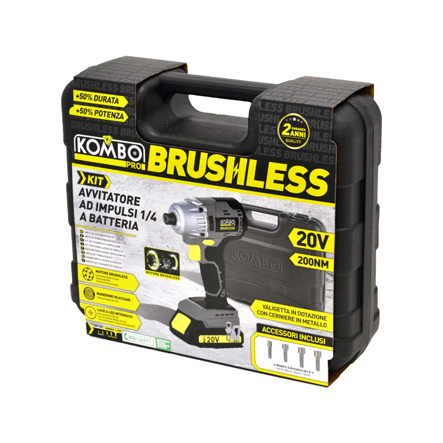 Kit Avvitatore a Impulsi Brushless 1/4" 20V Batteria 2.0Ah e Valigetta – KOMBO BLK001