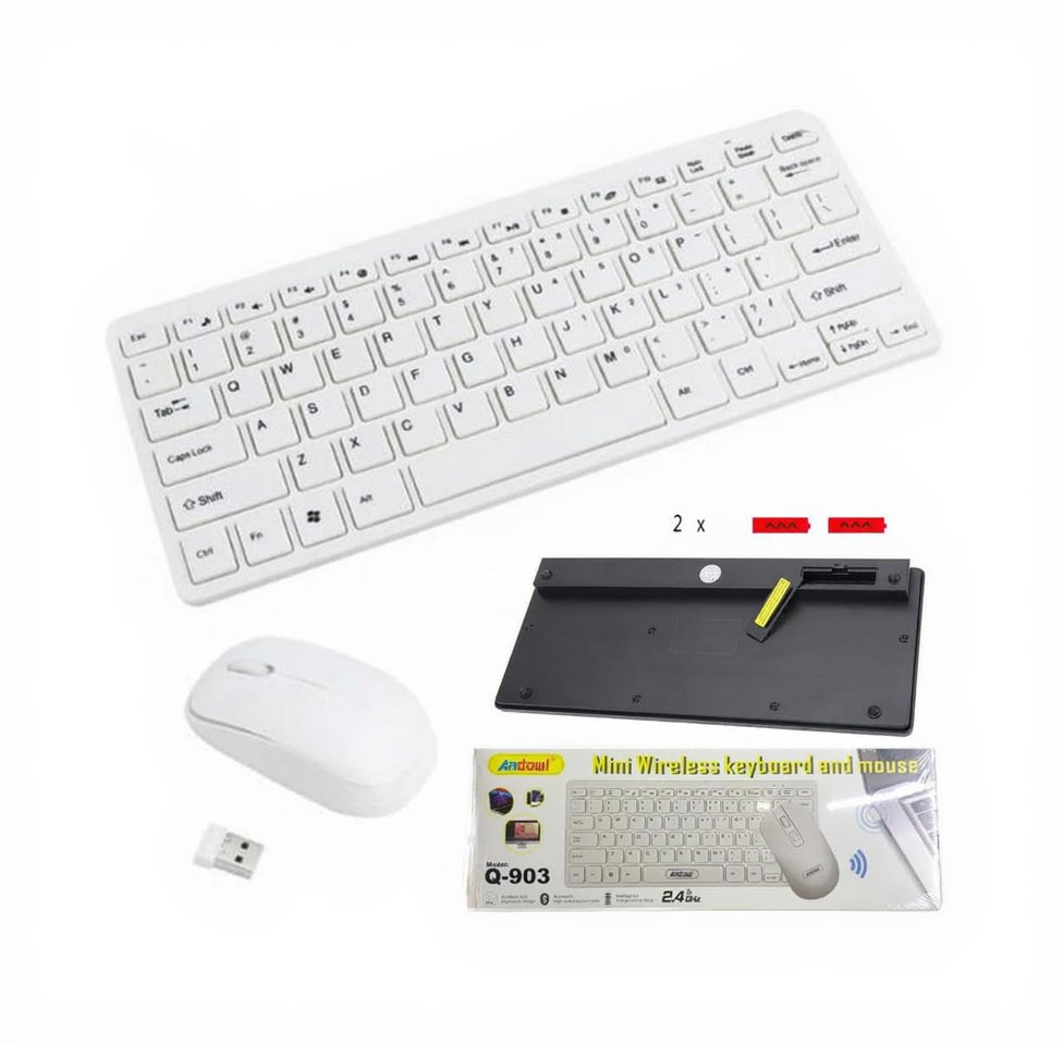 Set Tastiera e Mouse Wireless 2.4GHz e Bluetooth Mini Tastiera Layout US Inglese Americano Mouse Ottico Portatile Ergonomico per Ufficio Computer PC e Laptop Colore Bianco – Andowl Q-903