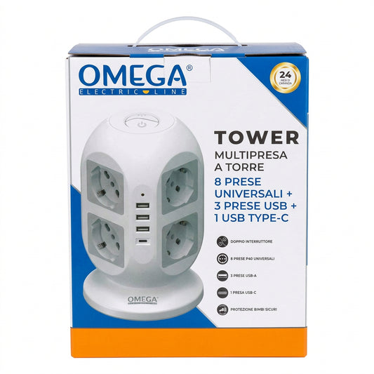 Multipresa a Torre 8 Prese Universali con 3 USB-A e 1 USB-C – OMEGA EL142B