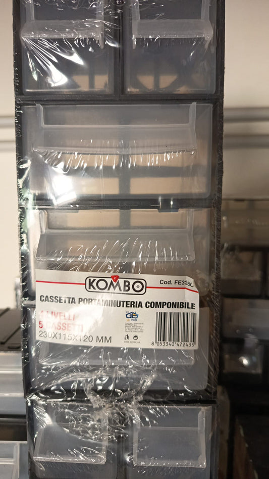 Cassettiera Portaminuterie Componibile su 4 Livelli con 5 Cassetti Trasparenti Organizer in Plastica per Viti Bulloni e Fai-da-Te 230x115x120mm – KOMBO FE328C