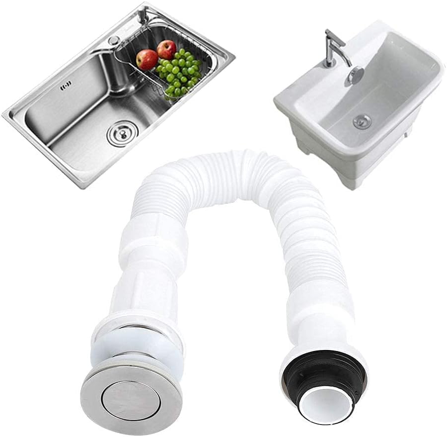 Set 2 Tubi Scarico Flessibili Universali 37mm Sifone Estensibile 1000mm Acciaio Inox PTFE Antiodore Bianco – GBTrade 02060