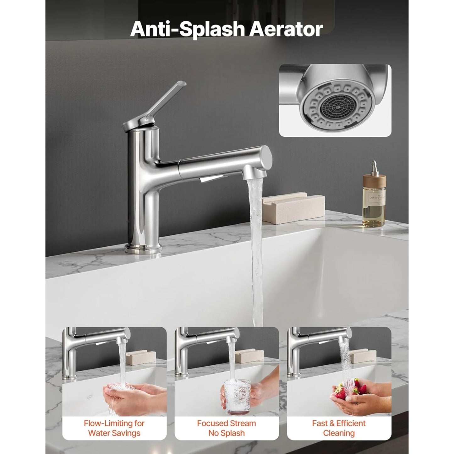 Rubinetto Lavabo Bagno Estraibile Monocomando con Doccetta Pull-Out 60cm 3 Modalità di Getto Sfera Gravità Foro Singolo Ottone Cromato – Driwei 1804