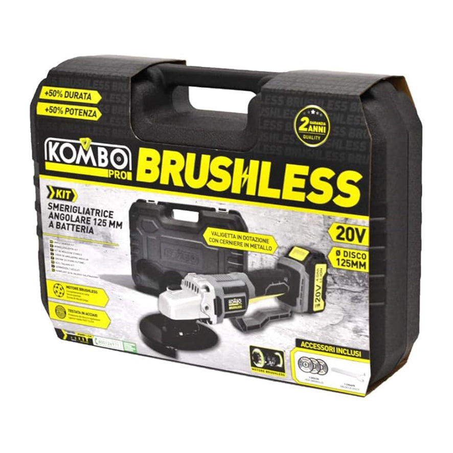 Smerigliatrice Angolare Brushless 125mm 20V Batteria 4.0Ah e Valigetta – KOMBO PRO BLK004