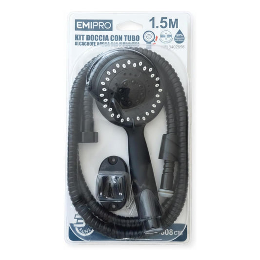 Kit Doccia 5 Getti Tubo 1.5m Supporto Muro Anticalcare Nero – EMIPRO 8402656