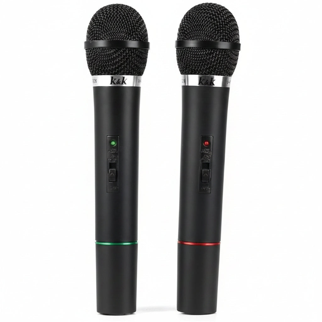 Kit Coppia Microfoni Professionali Wireless con Centralina VHF Bicanale Doppio Microfono Senza Fili per Karaoke Feste Convegni Ricevitore con Frequenze Indipendenti Nero – K&K AT-306