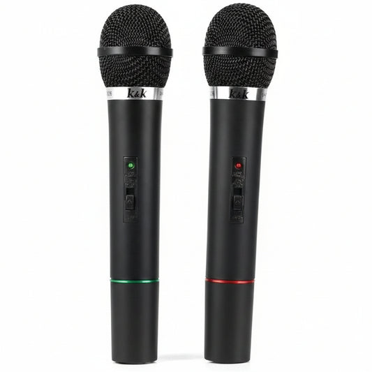Kit Coppia Microfoni Professionali Wireless con Centralina VHF Bicanale Doppio Microfono Senza Fili per Karaoke Feste Convegni Ricevitore con Frequenze Indipendenti Nero – K&K AT-306