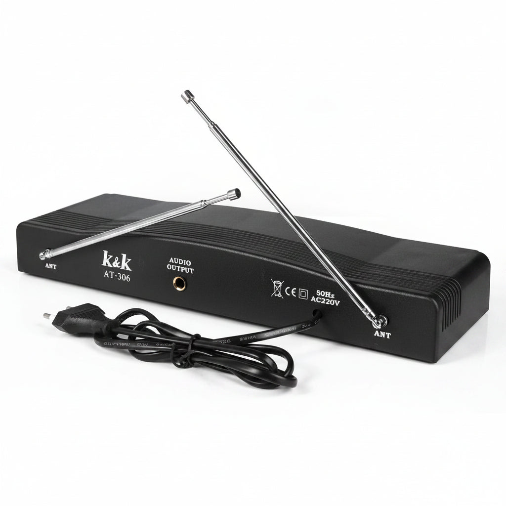 Kit Coppia Microfoni Professionali Wireless con Centralina VHF Bicanale Doppio Microfono Senza Fili per Karaoke Feste Convegni Ricevitore con Frequenze Indipendenti Nero – K&K AT-306