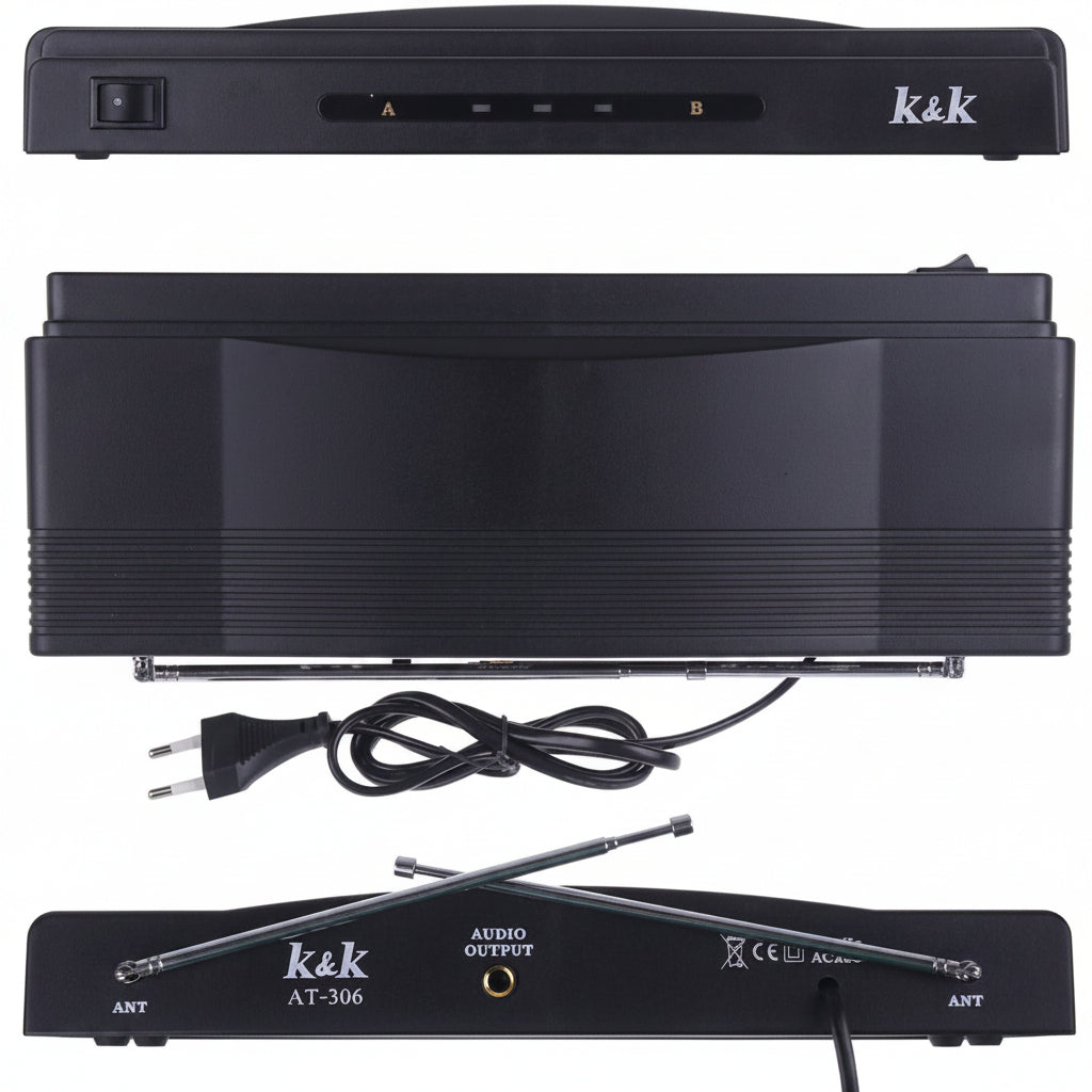 Kit Coppia Microfoni Professionali Wireless con Centralina VHF Bicanale Doppio Microfono Senza Fili per Karaoke Feste Convegni Ricevitore con Frequenze Indipendenti Nero – K&K AT-306