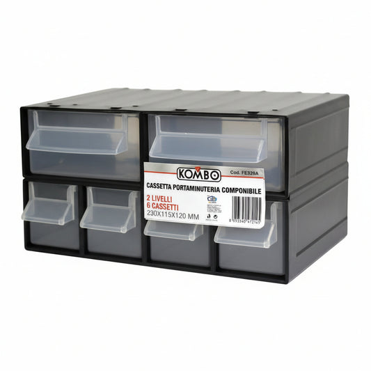 Cassettiera Portaminuterie Componibile su 2 Livelli con 6 Cassetti Trasparenti Organizer in Plastica per Viti Bulloni e Fai-da-Te 230x115x120mm – KOMBO FE328A