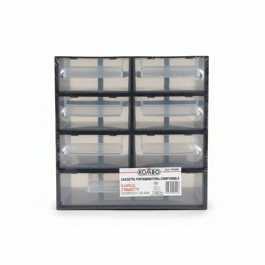 Cassettiera Portaminuterie Componibile su 4 Livelli con 7 Cassetti Trasparenti Organizer in Plastica per Viti Bulloni e Fai-da-Te 230x230x120mm – KOMBO FE328B