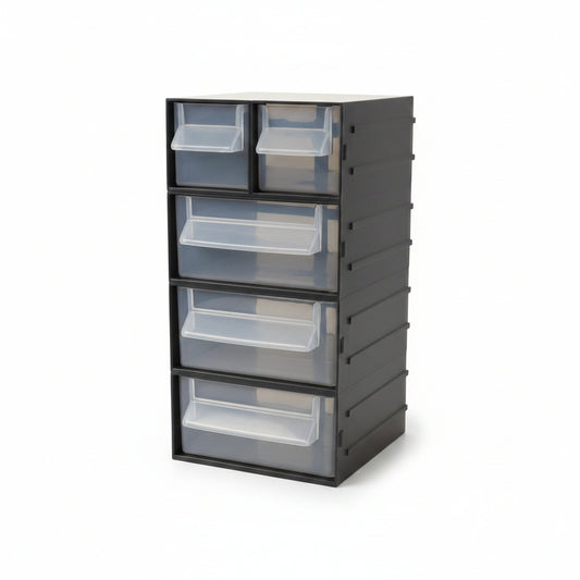 Cassettiera Portaminuterie Componibile su 4 Livelli con 5 Cassetti Trasparenti Organizer in Plastica per Viti Bulloni e Fai-da-Te 230x115x120mm – KOMBO FE328C