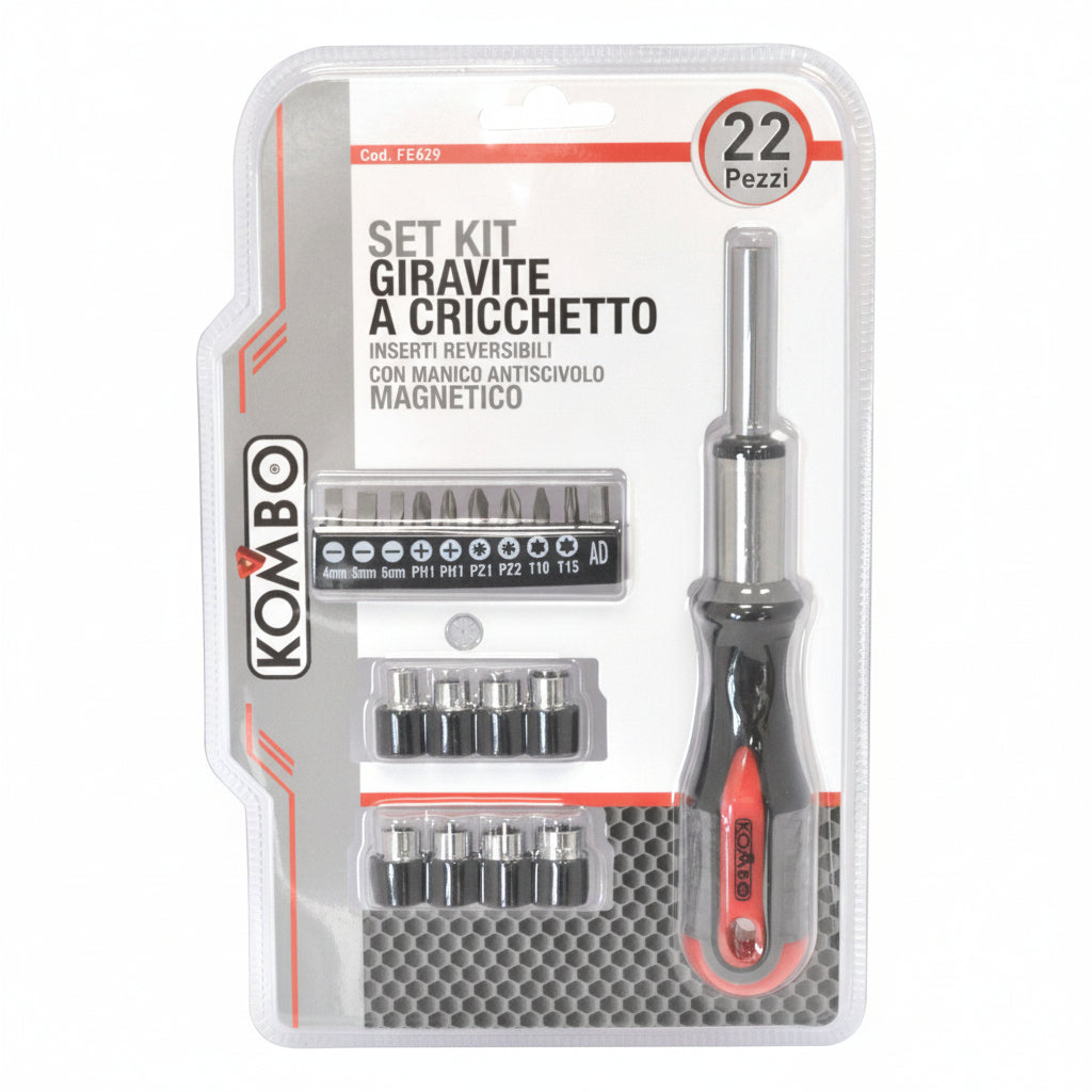 Cacciavite a Cricchetto Reversibile con 22 Inserti – KOMBO FE629