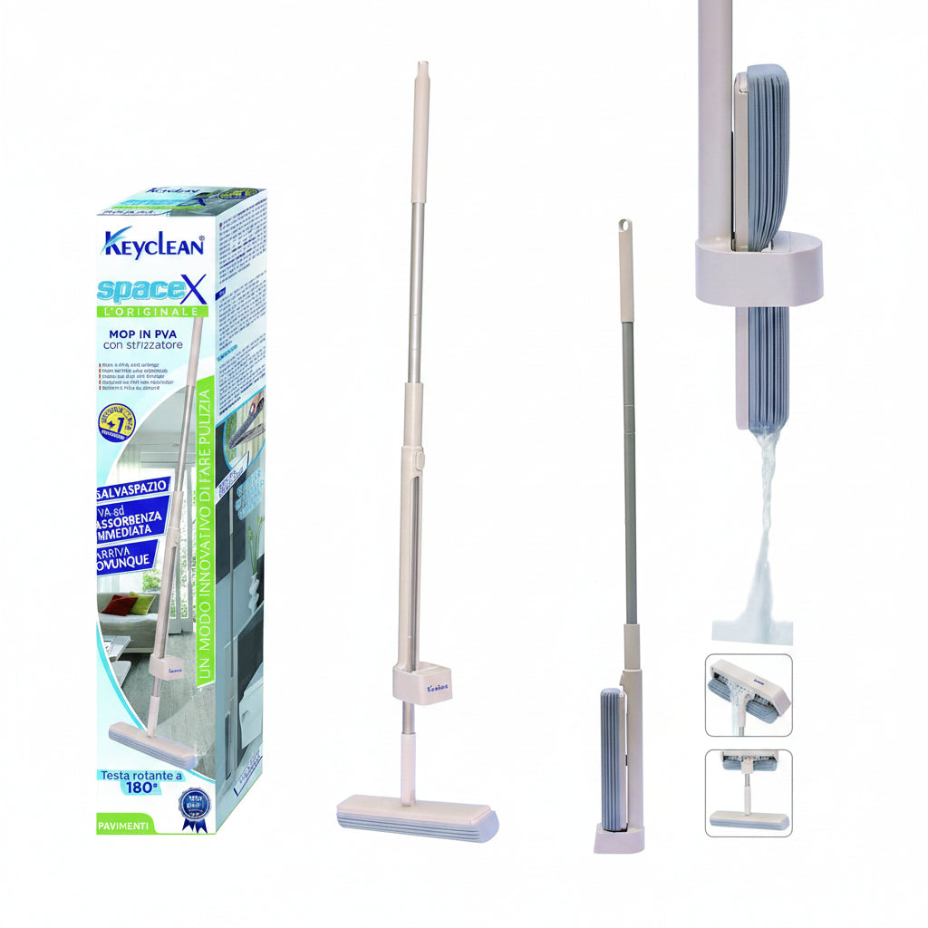 Mop Lavapavimenti in PVA con Strizzatore a Rulli Scopa Salvaspazio Autopulente Testa Rotante 180 Gradi 2 Spugne Incluse 1+1 Ricambio in Omaggio – Keyclean FH05042