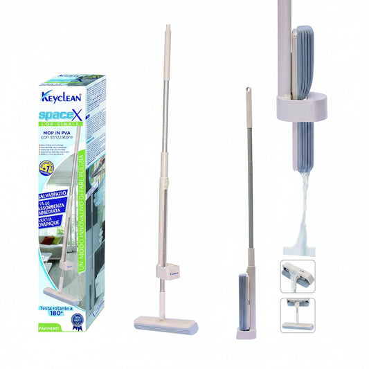 Mop Lavapavimenti in PVA con Strizzatore a Rulli Scopa Salvaspazio Autopulente Testa Rotante 180 Gradi 2 Spugne Incluse 1+1 Ricambio in Omaggio – Keyclean FH05042