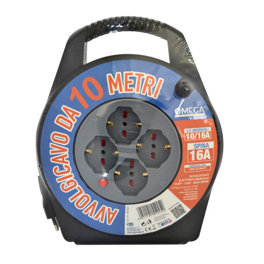 Avvolgicavo Manuale 10m Multipresa 4 Prese Universali Schuko 3200W – OMEGA GBT225
