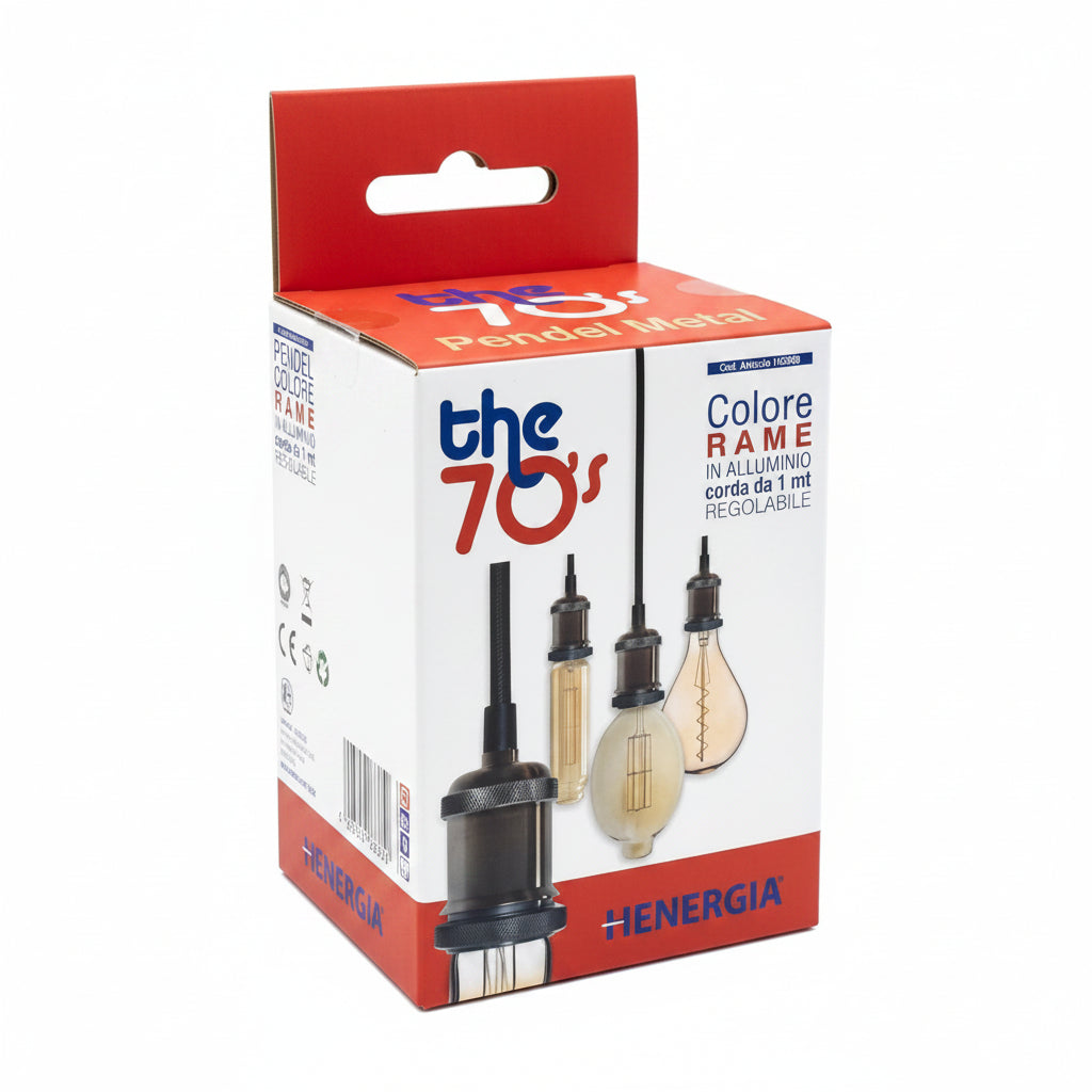 Portalampada Pendel Vintage in Alluminio Attacco E27 Kit Sospensione Modello THE 70'S Cavo in Tessuto Nero Regolabile 1 Metro e Rosone Massimo 60W Colore Rame – HENERGIA HG908