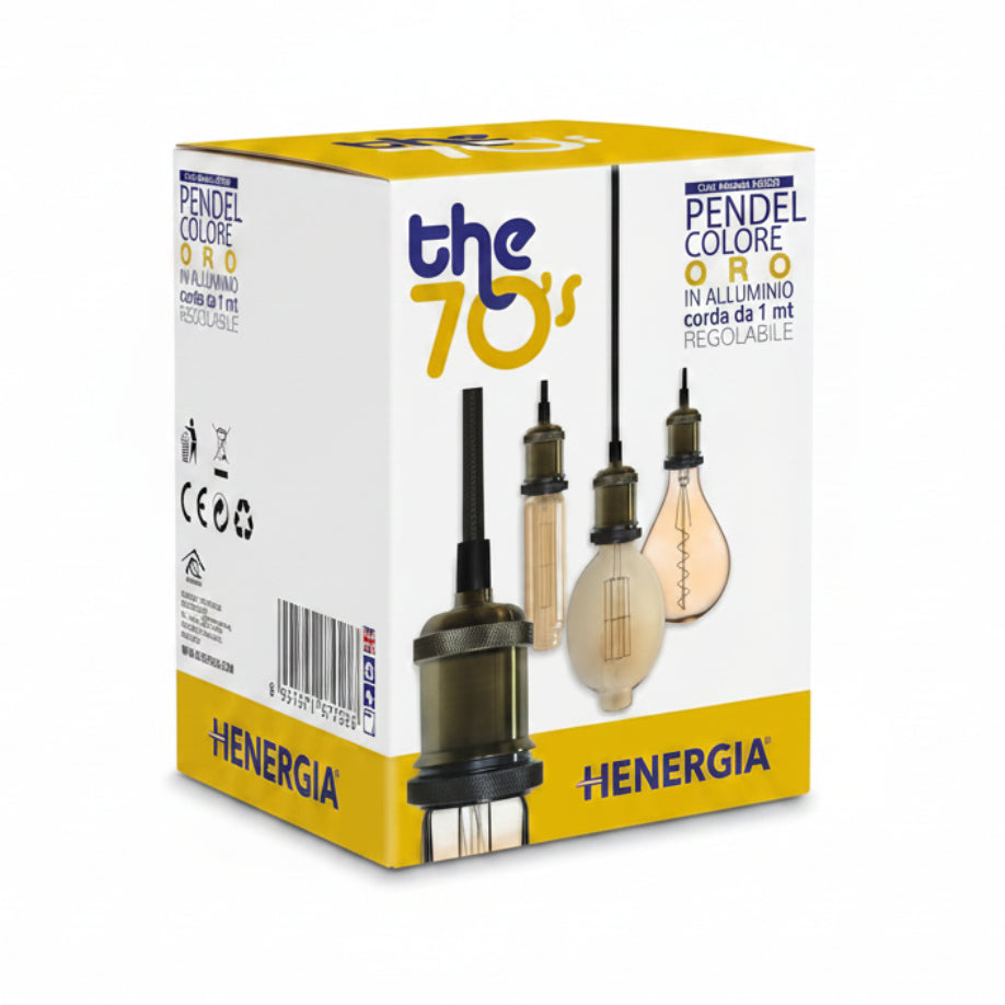 Portalampada Pendel Vintage in Alluminio Attacco E27 Kit Sospensione Modello THE 70'S Cavo in Tessuto Nero Regolabile 1 Metro e Rosone Massimo 60W Colore Oro – HENERGIA HG909