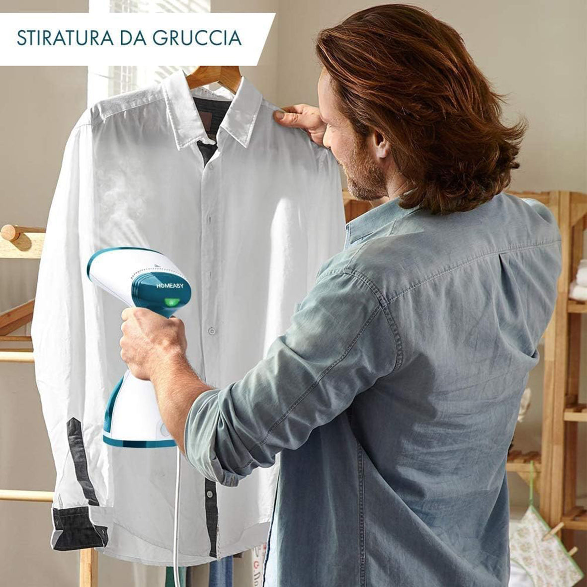 Stiratrice a Vapore Portatile Verticale 1200W Serbatoio 260ml Flusso Costante Igienizza i Tessuti Colore Turchese – Hoomei HM-2125R