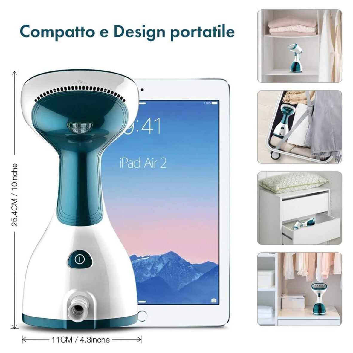 Stiratrice a Vapore Portatile Verticale 1200W Serbatoio 260ml Flusso Costante Igienizza i Tessuti Colore Turchese – Hoomei HM-2125R