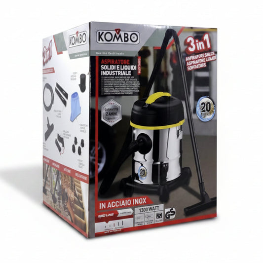 Bidone Aspiratutto Professionale 3 in 1 Aspira Solidi Liquidi e Soffiatore Serbatoio Acciaio Inox 20L 1300W con Accessori Inclusi – KOMBO KO269PRO