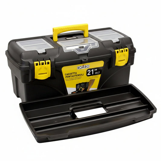 Cassetta Portautensili in Plastica 21 Pollici 23 Litri Alta Resistenza Antiurto con 3 Vani Porta Minuteria e Vaschetta Interna Estraibile 54,5x29x28 cm – KOMBO KO282L