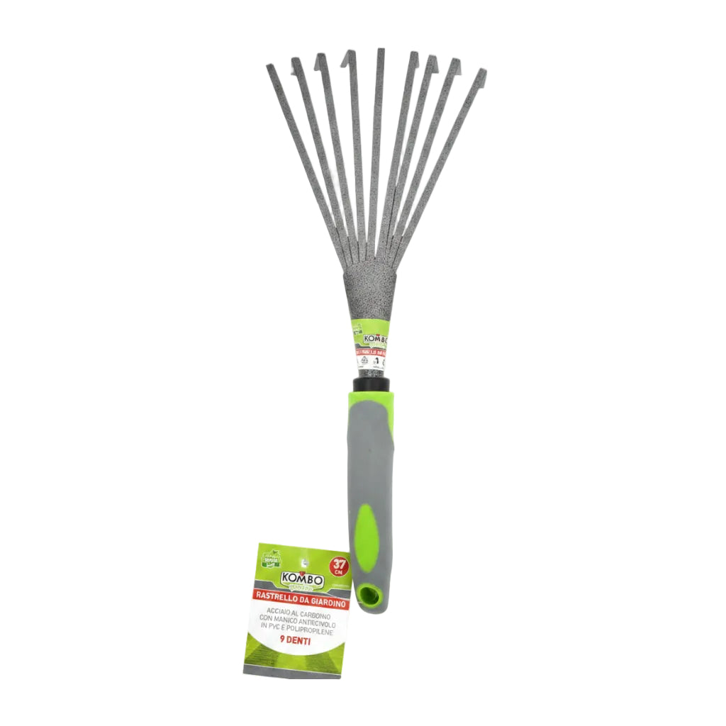 Rastrello da Giardino a 9 Denti in Acciaio al Carbonio Scopa Foglie Manuale 37cm Manico Ergonomico Antiscivolo in PVC e Polipropilene – KOMBO KOG432