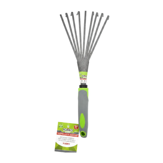 Rastrello da Giardino a 9 Denti in Acciaio al Carbonio Scopa Foglie Manuale 37cm Manico Ergonomico Antiscivolo in PVC e Polipropilene – KOMBO KOG432