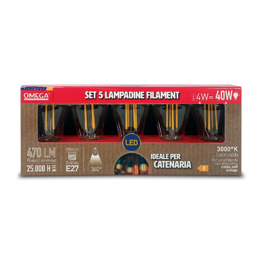 Set 5 Lampadine Filament LED E27 4W 470lm Luce Calda 3000K – OMEGA LD012
