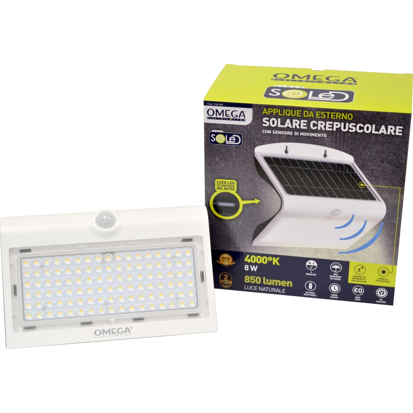 Applique Solare da Esterno 8W 850lm con Sensore Movimento e Crepuscolare – OMEGA LD618B