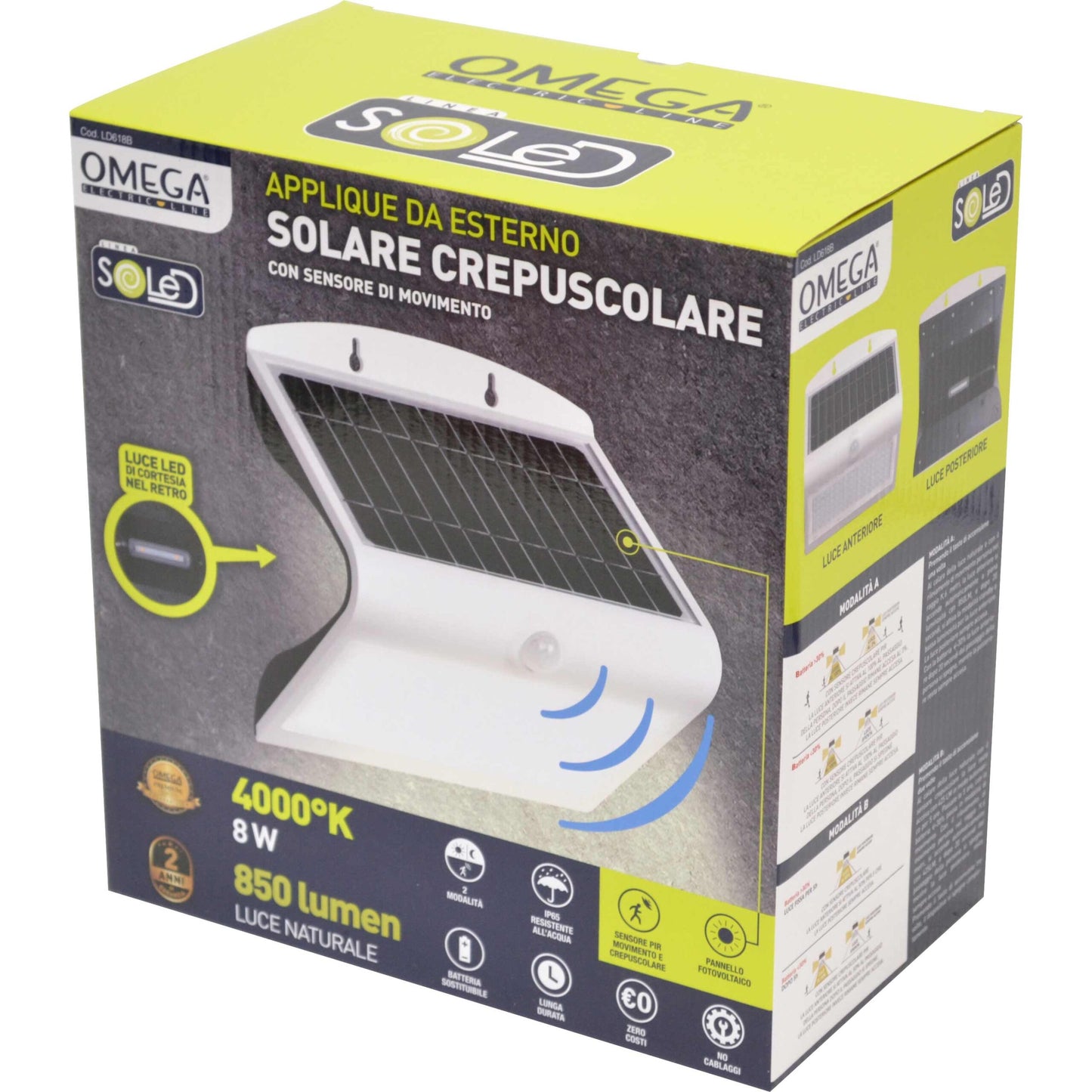 Applique Solare da Esterno 8W 850lm con Sensore Movimento e Crepuscolare – OMEGA LD618B