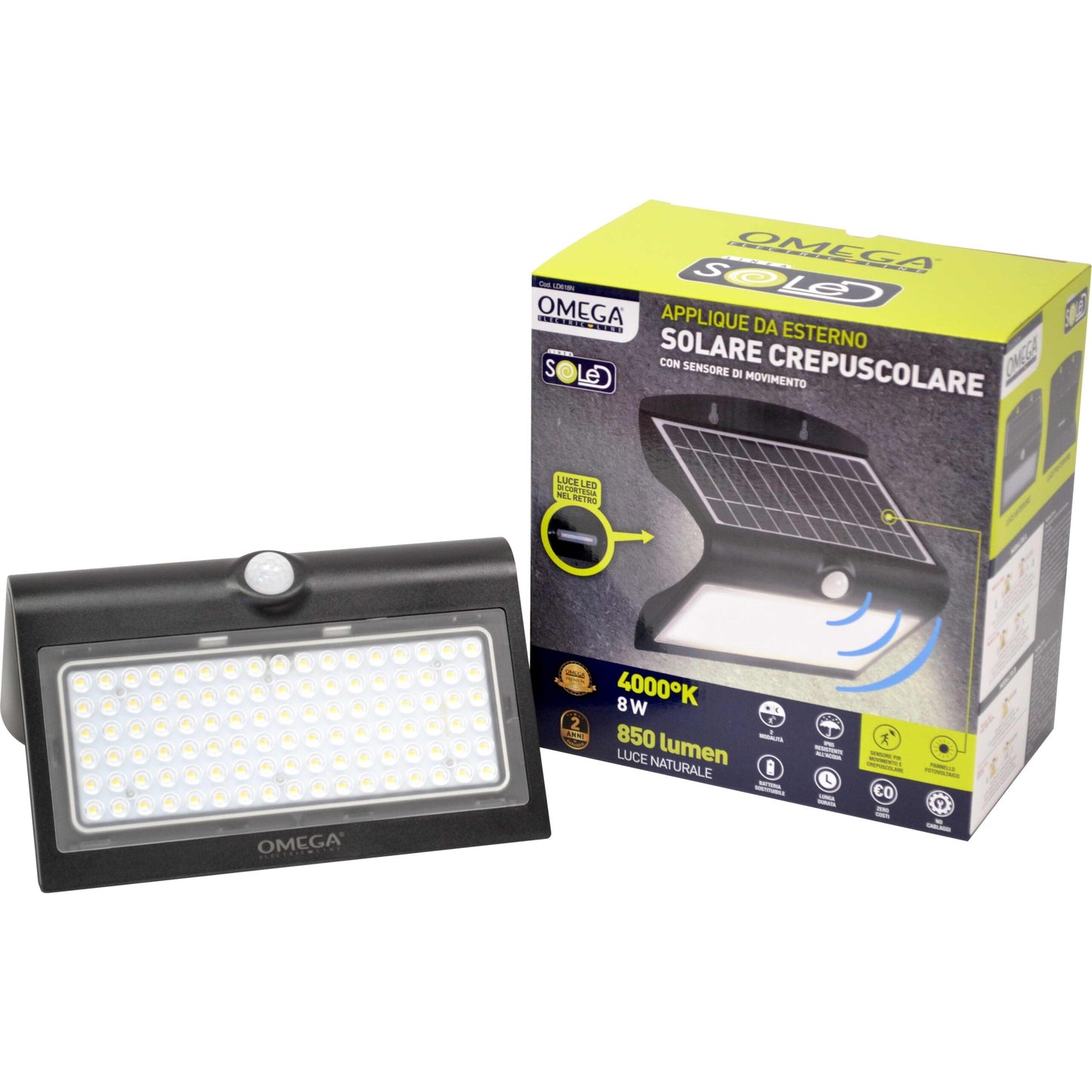 Applique Solare da Esterno 8W 850lm con Sensore Movimento e Crepuscolare – OMEGA LD618B