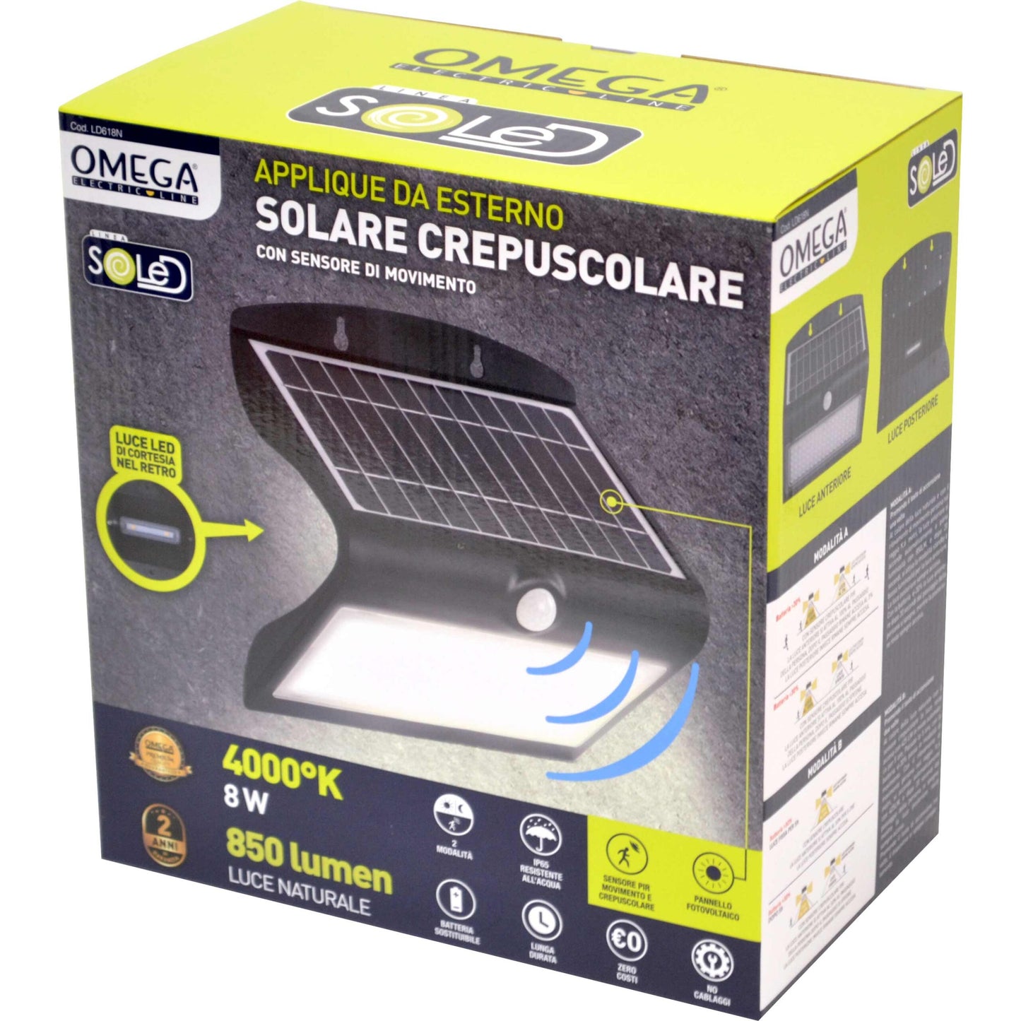 Applique Solare da Esterno 8W 850lm con Sensore Movimento e Crepuscolare – OMEGA LD618B