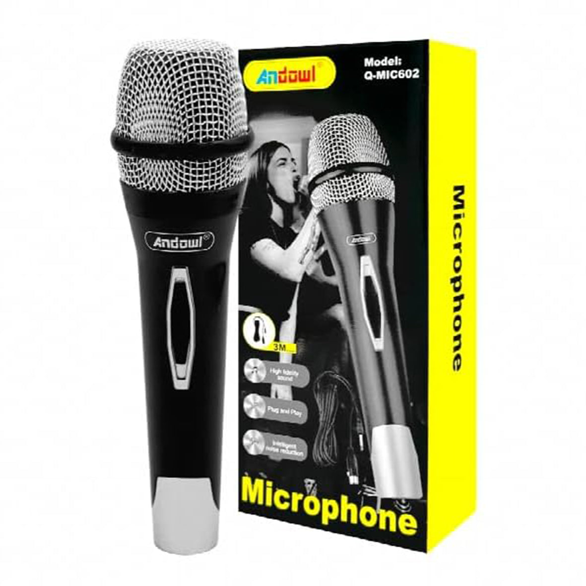 Microfono Cablato Professionale Jack 3.5mm Alta Fedeltà con Tecnologia Anti-Feedback Struttura Ergonomica Cavo 3 Metri Plug and Play per Karaoke Feste e Podcast Colore Nero – Andowl Q-MIC602
