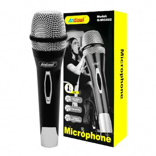 Microfono Cablato Professionale Jack 3.5mm Alta Fedeltà con Tecnologia Anti-Feedback Struttura Ergonomica Cavo 3 Metri Plug and Play per Karaoke Feste e Podcast Colore Nero – Andowl Q-MIC602