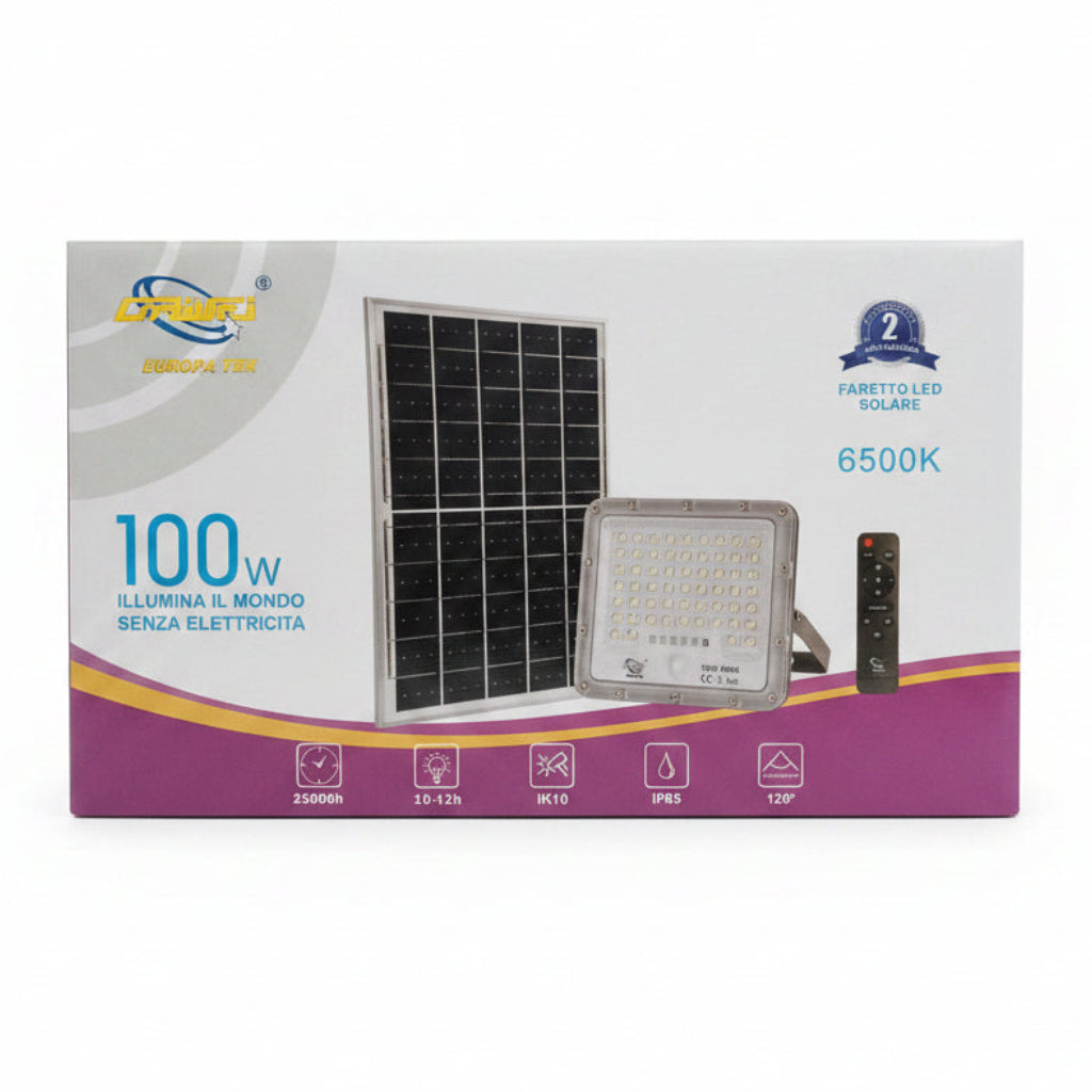 Faretto LED Solare 100W 6500K IP65 con Telecomando e Pannello Monocristallino – DRIWEJ S12E-100W ET-31063