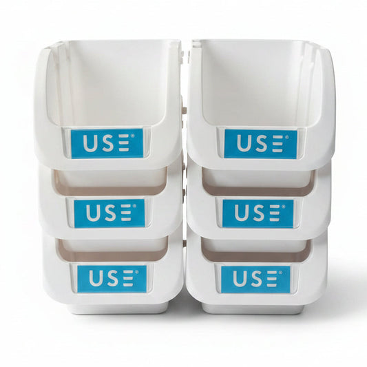 Set 6 Contenitori a Bocca di Lupo Piccoli Sovrapponibili 19x11x11cm Porta Minuteria in Plastica per Ferramenta Grigio e Bianco – USE 3907