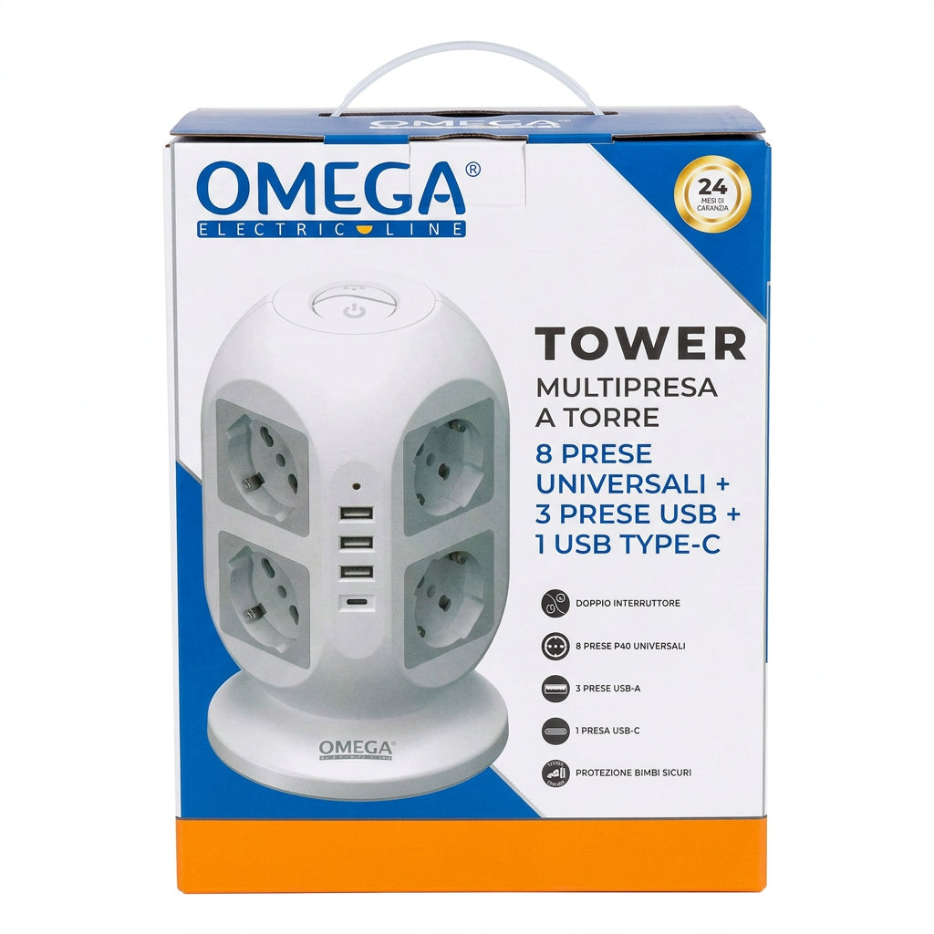 Multipresa a Torre 8 Prese Universali con 3 USB-A e 1 USB-C – OMEGA EL142B