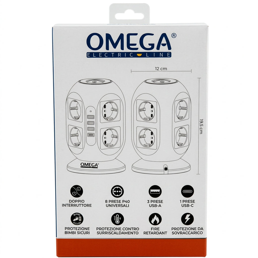 Multipresa a Torre 8 Prese Universali con 3 USB-A e 1 USB-C – OMEGA EL142B