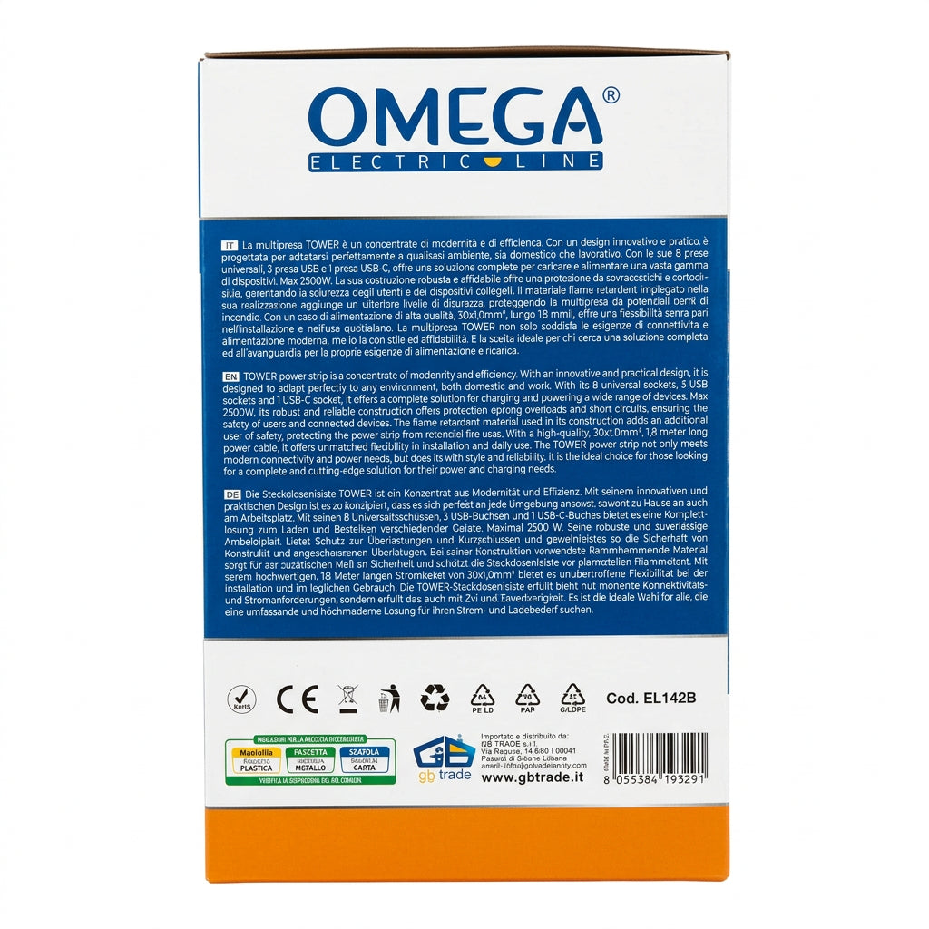 Multipresa a Torre 8 Prese Universali con 3 USB-A e 1 USB-C – OMEGA EL142B