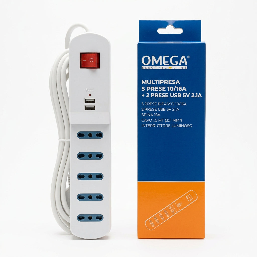 Multipresa 5 Prese Bipasso 10/16A con 2 USB e Cavo 1,5 m – OMEGA