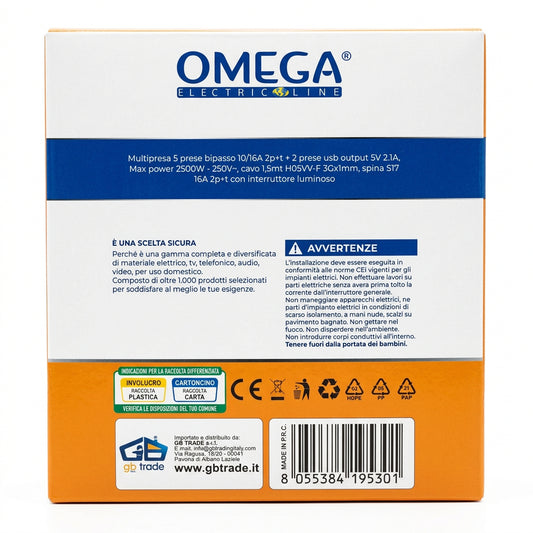 Multipresa 5 Prese Bipasso 10/16A con 2 USB e Cavo 1,5 m – OMEGA