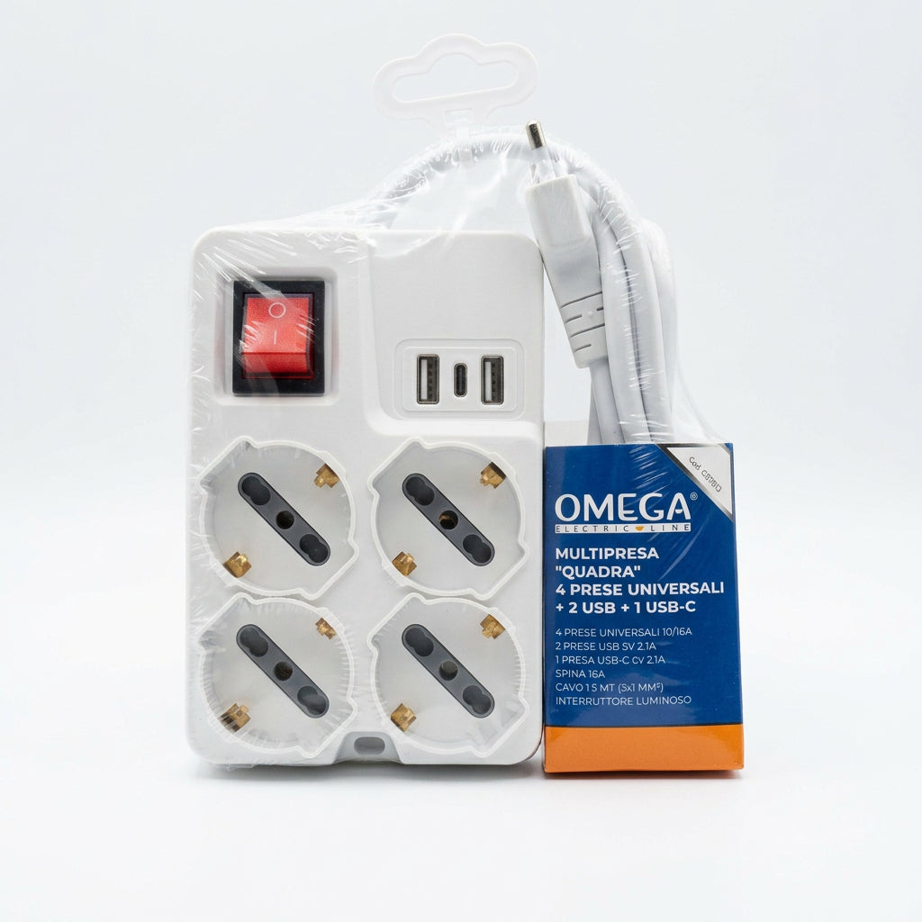 Multipresa Quadra 4 Prese Universali con 2 USB e 1 USB-C – OMEGA GBT133