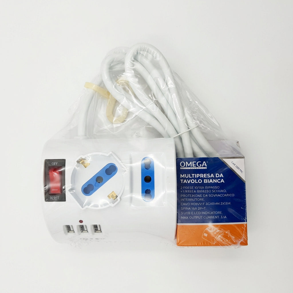 Multipresa da Tavolo Bianca 3 Prese con 3 USB e Protezione Sovraccarico – OMEGA GBT898