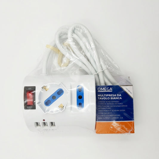 Multipresa da Tavolo Bianca 3 Prese con 3 USB e Protezione Sovraccarico – OMEGA GBT898