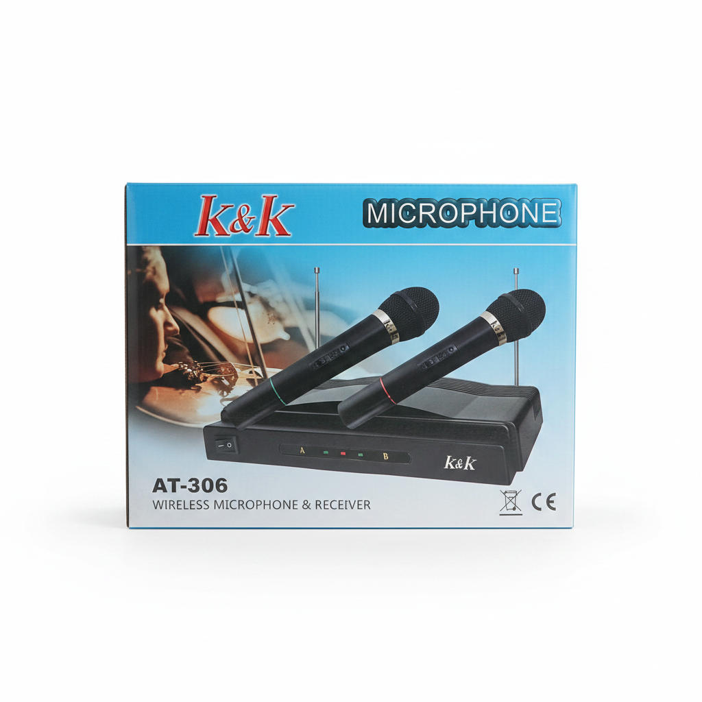 Kit Coppia Microfoni Professionali Wireless con Centralina VHF Bicanale Doppio Microfono Senza Fili per Karaoke Feste Convegni Ricevitore con Frequenze Indipendenti Nero – K&K AT-306
